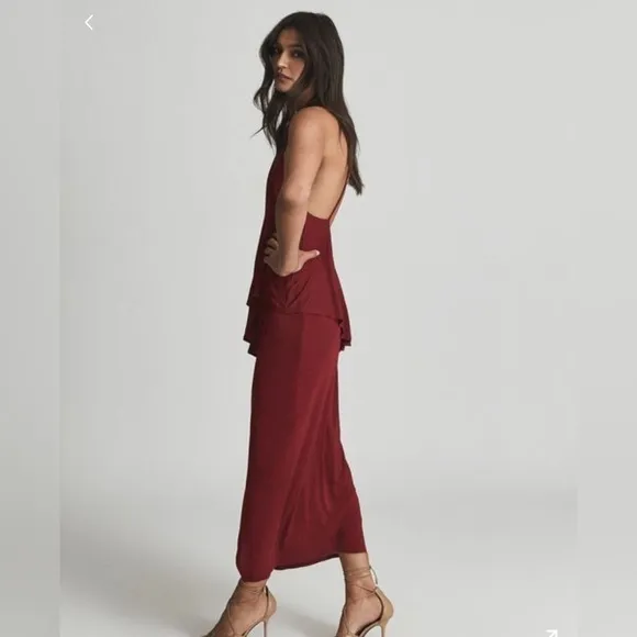 🆕 REISS Xena Midi Backless Strappy Cocktail Dress in Dark Red Size 10 US