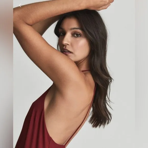 🆕 REISS Xena Midi Backless Strappy Cocktail Dress in Dark Red Size 10 US