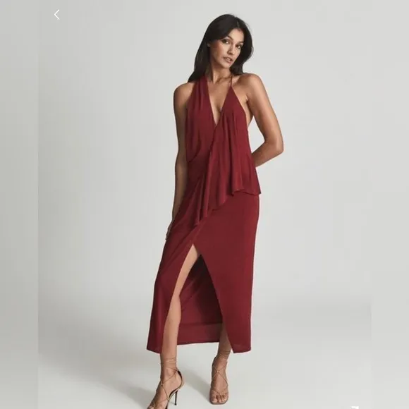 🆕 REISS Xena Midi Backless Strappy Cocktail Dress in Dark Red Size 10 US