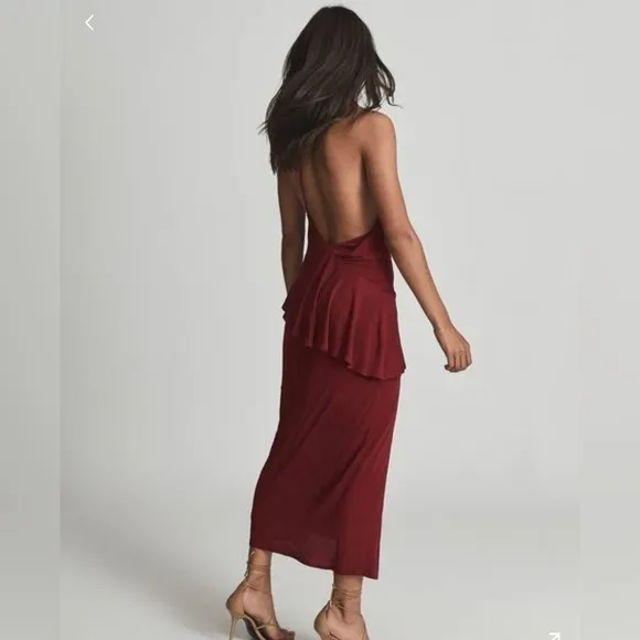 🆕 REISS Xena Midi Backless Strappy Cocktail Dress in Dark Red Size 10 US
