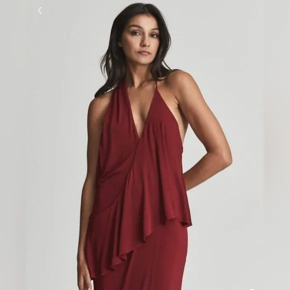 🆕 REISS Xena Midi Backless Strappy Cocktail Dress in Dark Red Size 10 US