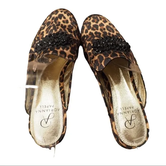 Adrianna Papell sz 7 leopard print mule flats w/ buckle of beads