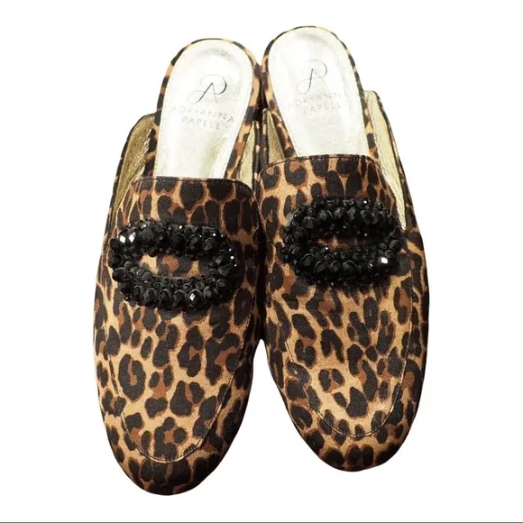 Adrianna Papell sz 7 leopard print mule flats w/ buckle of beads