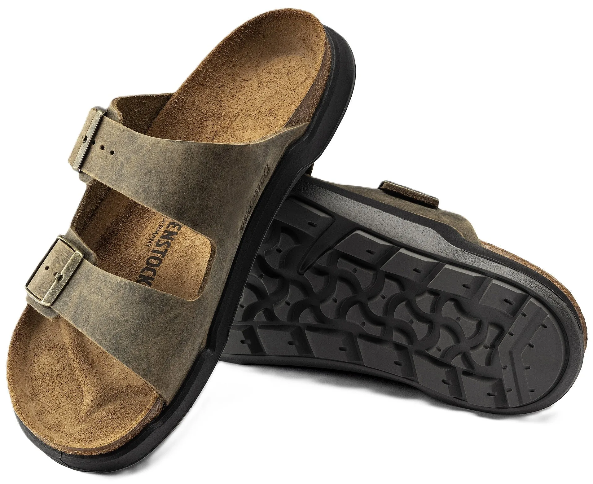 Birkenstock Arizona Rugged Sandals - Faded Khaki Oiled Leather | Polyurethane Sole