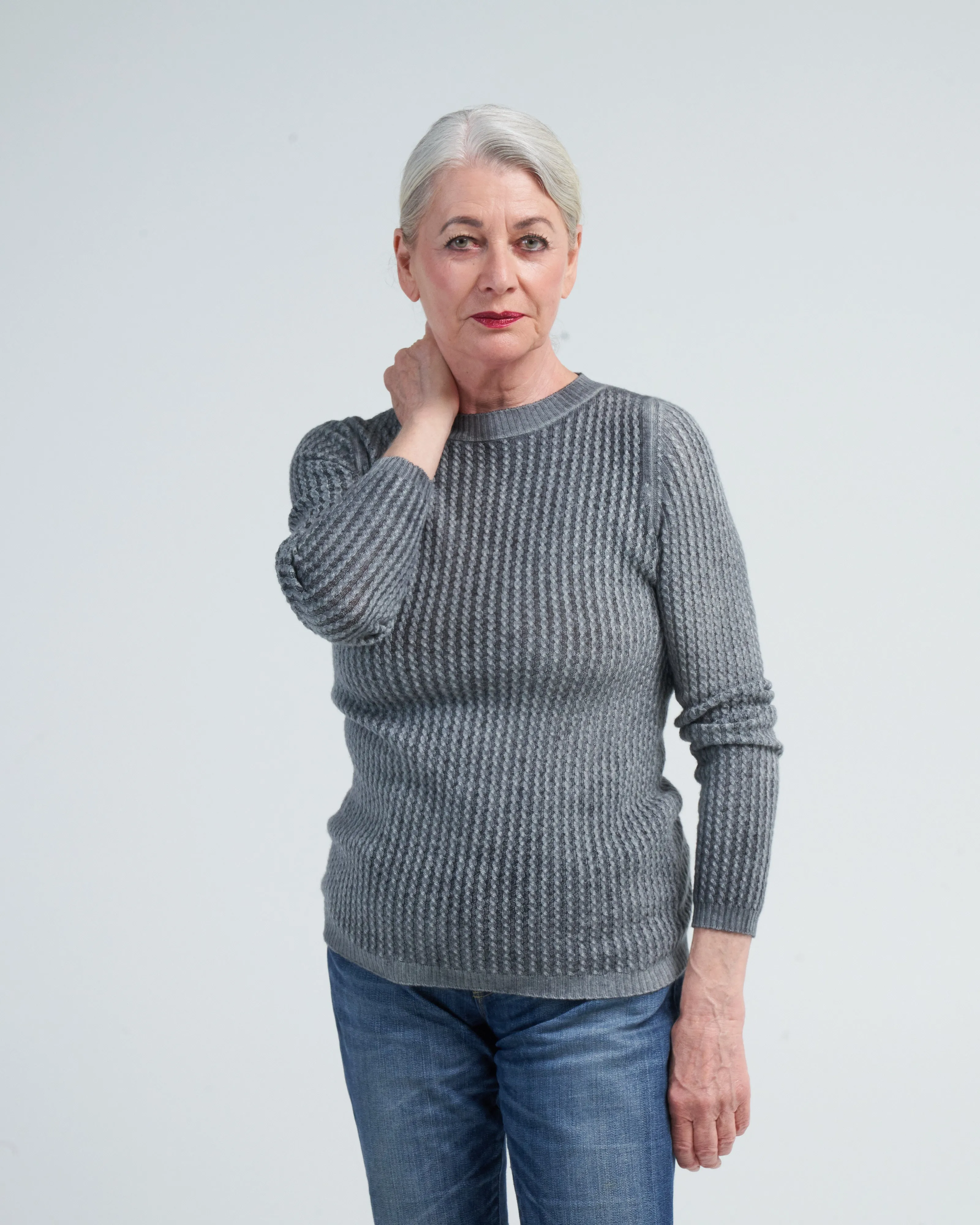 boat neck pullover with small cables - n/ghiaccio