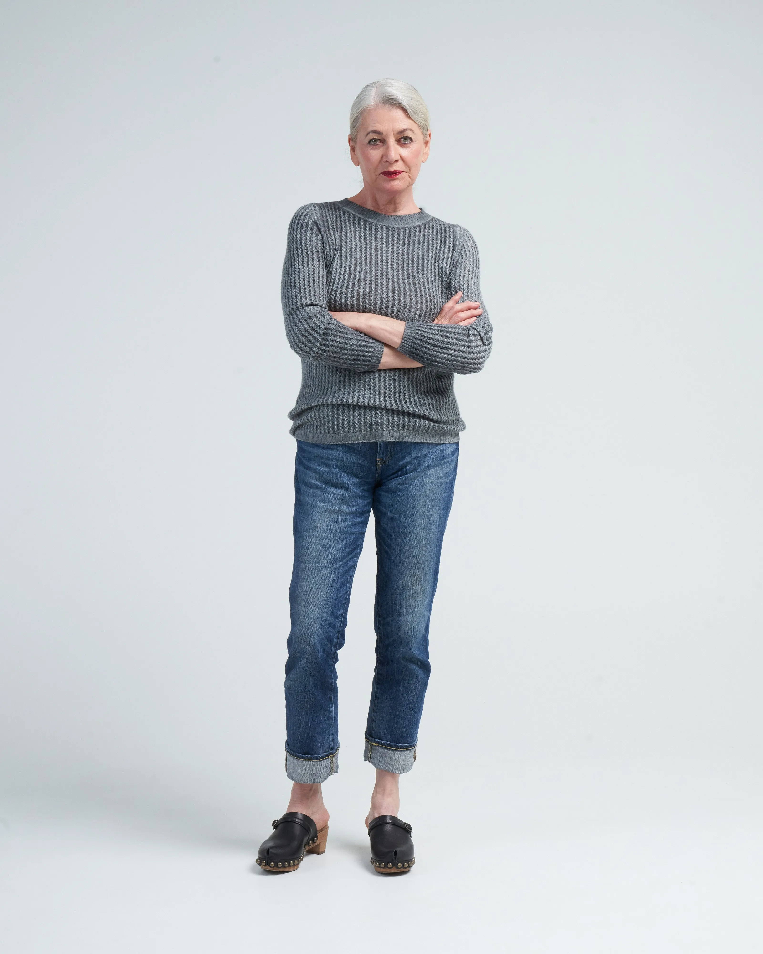 boat neck pullover with small cables - n/ghiaccio
