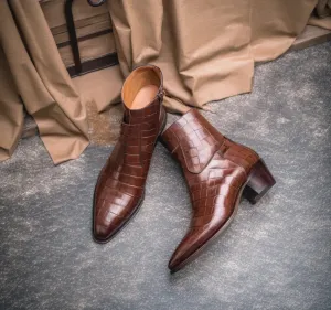 Brown Croc Print Leather Fiorina Slip On Zipper Pointed Boots for Men - Boots