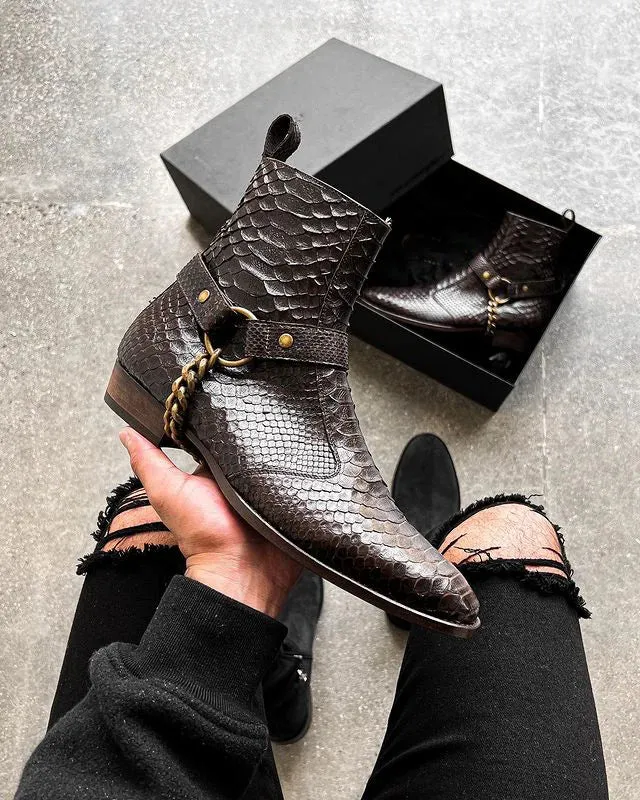 Brown Crocodile/Python Print Italian Leather Wanton Slip On Harness Chelsea Boots - Chelsea Boots