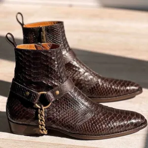 Brown Crocodile/Python Print Italian Leather Wanton Slip On Harness Chelsea Boots - Chelsea Boots