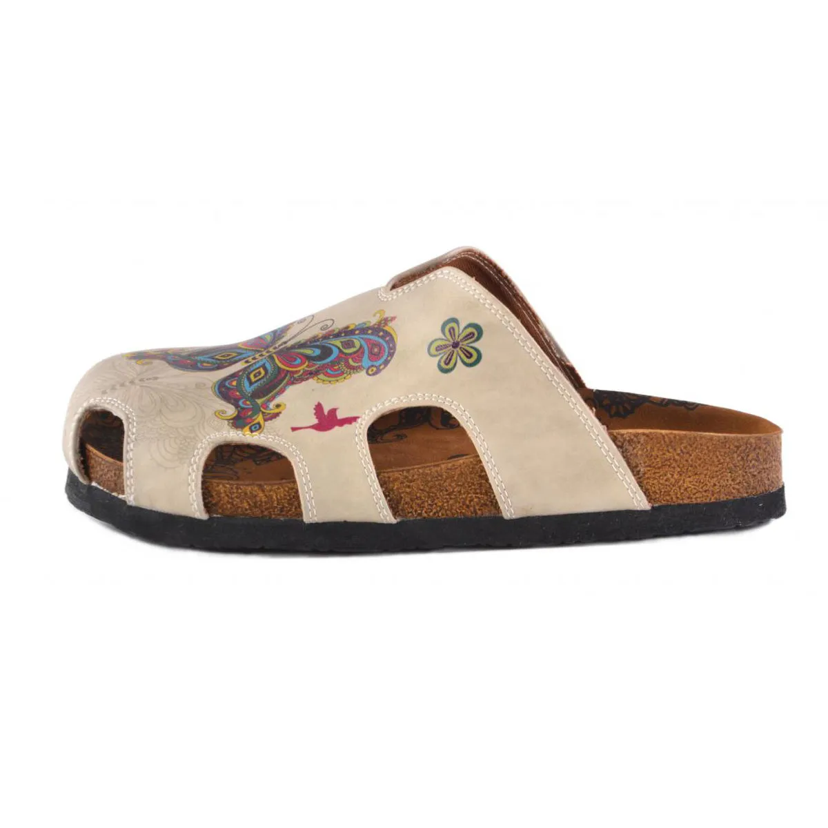 Calceo - Women's Cream Colored And Butterfly And Bird Patterned Clogs (CAL608)