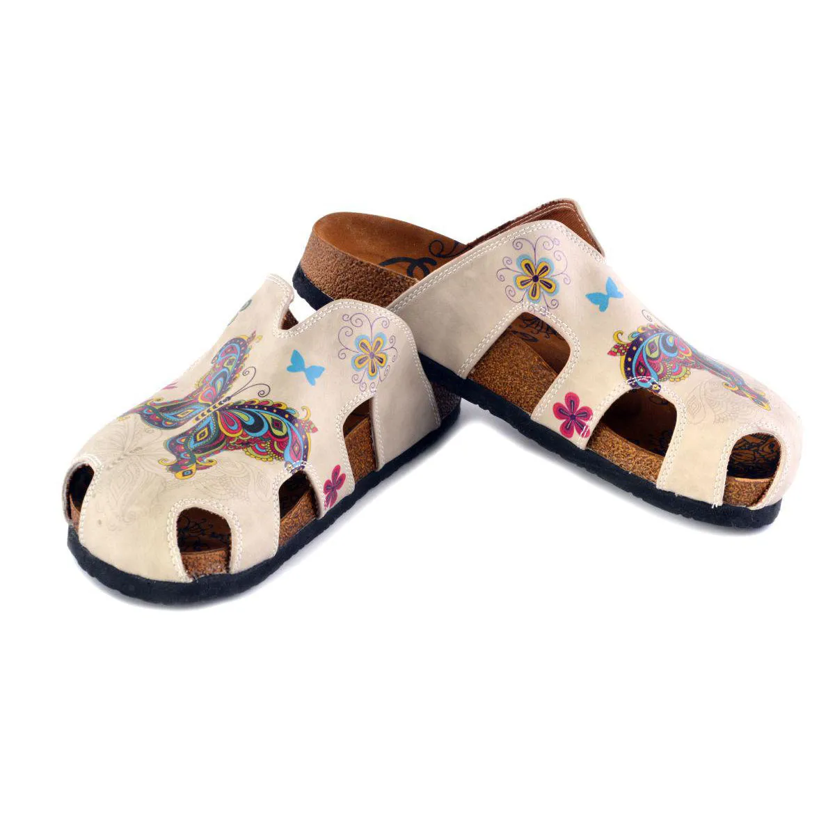 Calceo - Women's Cream Colored And Butterfly And Bird Patterned Clogs (CAL608)