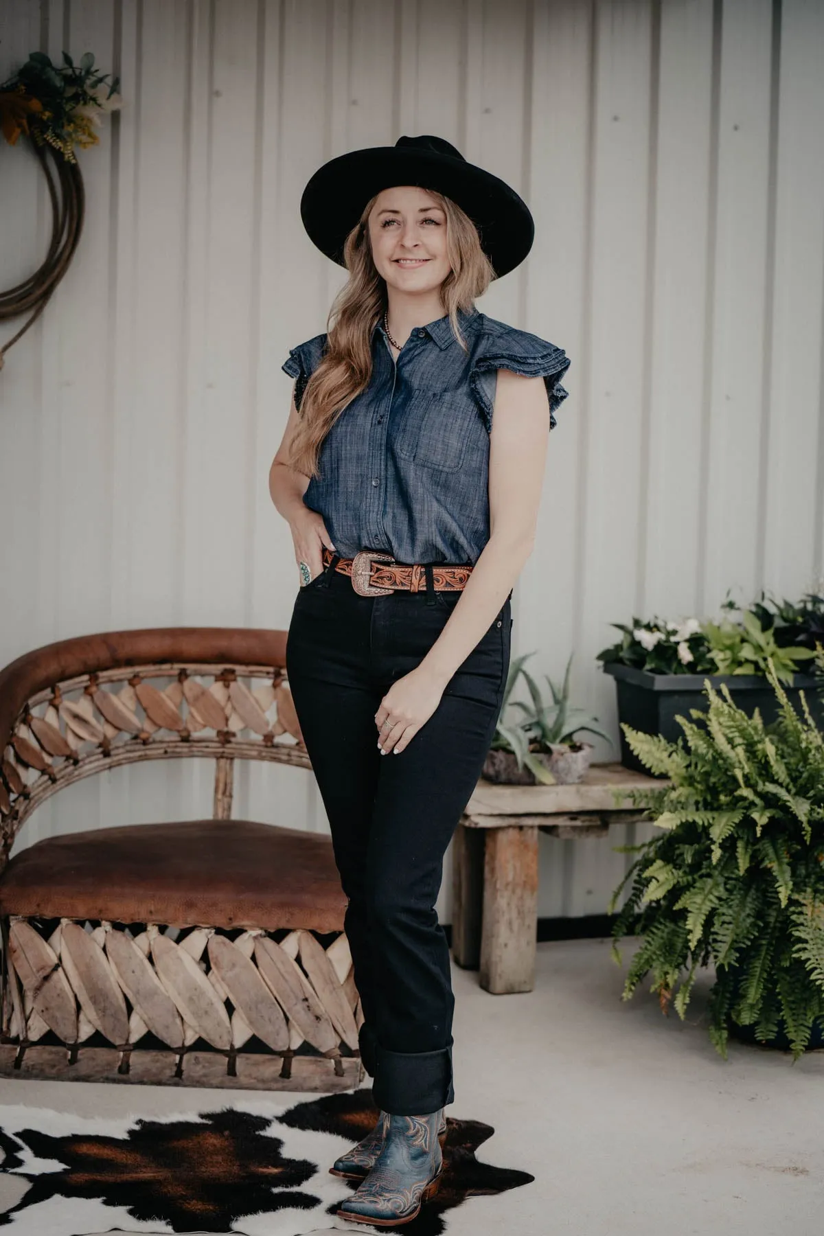 'Carriage' Ariat Indigo Ruffle Sleeve Top (XS - XXL)