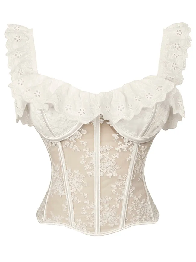 Charmian Women See-through Mesh Floral Lace Bustier Corset Top with Straps Party Crop Top