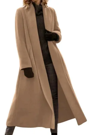 Chouyatou Women's Elegant Shawl Collar Open Front Wool Coat Formal Work Mid Long Winter Pea Coat