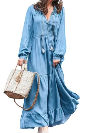 Chouyatou Women's Spring Long Sleeeve Tiered Denim Dress Summer Flowy A-Line Maxi Long Tunic Dress