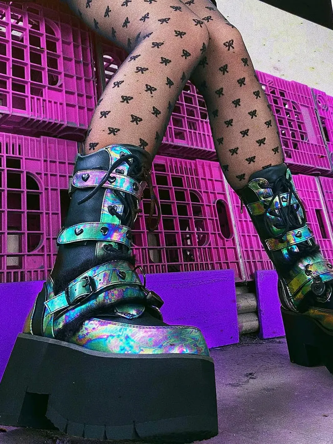 DEMONIA ASHES-120 BOOTS - BLACK GREEN OIL SLICK ✰ PRE ORDER ✰