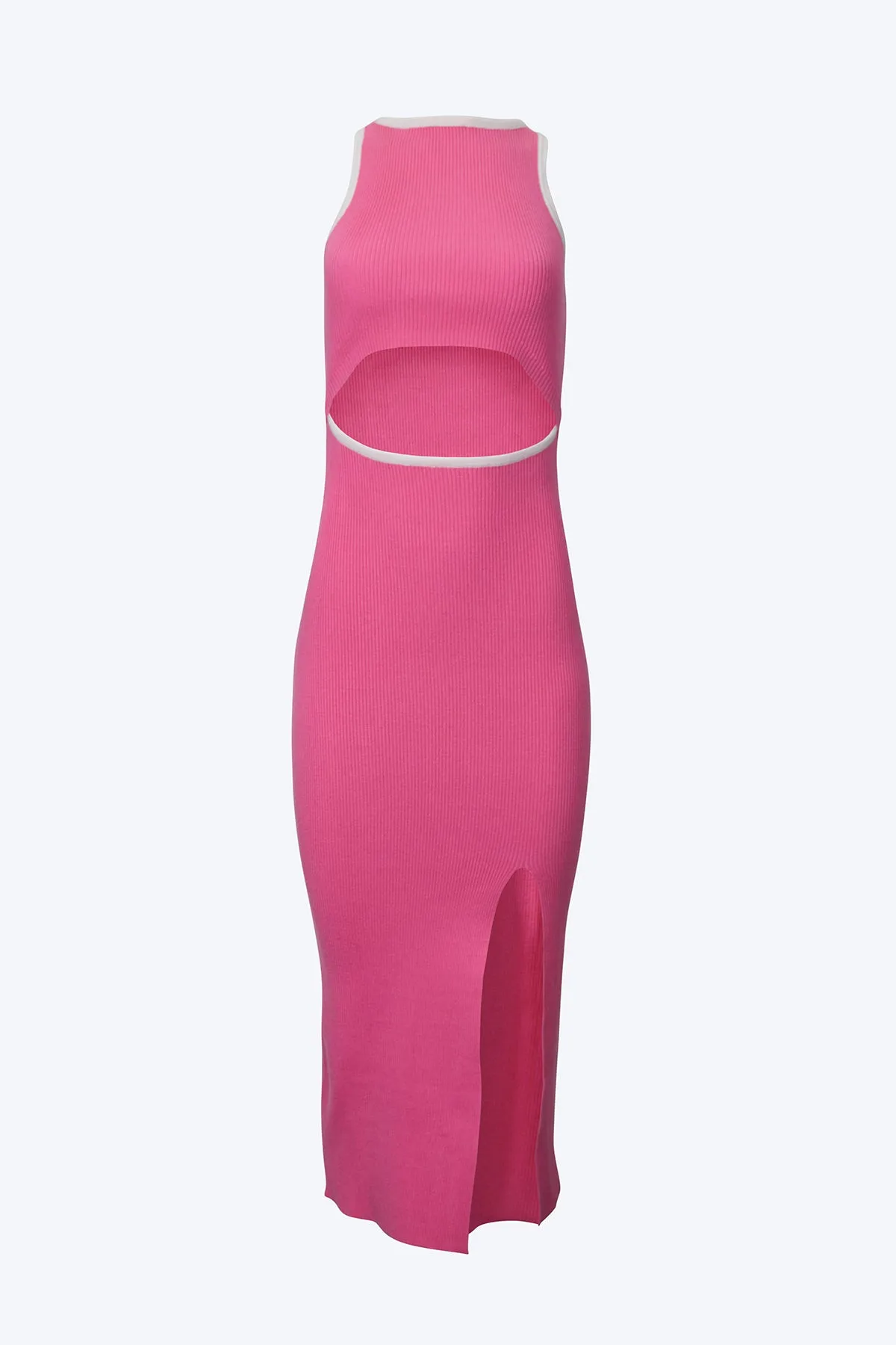 DENISE RIBBED-KNIT CUTOUT MIDI DRESS
