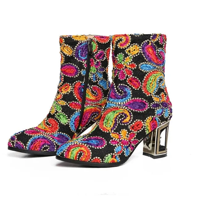 ethnic print flower women's boots mixed color crystal bird cage high heels 10cm high quality female short boots