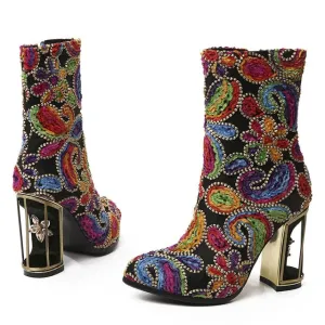 ethnic print flower women's boots mixed color crystal bird cage high heels 10cm high quality female short boots