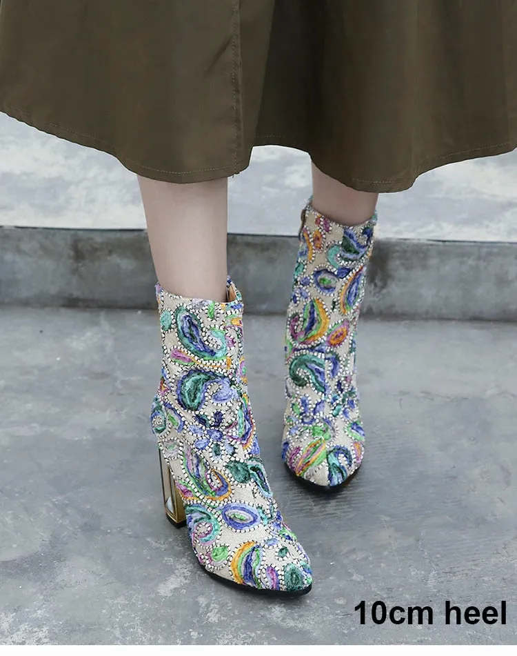 ethnic print flower women's boots mixed color crystal bird cage high heels 10cm high quality female short boots