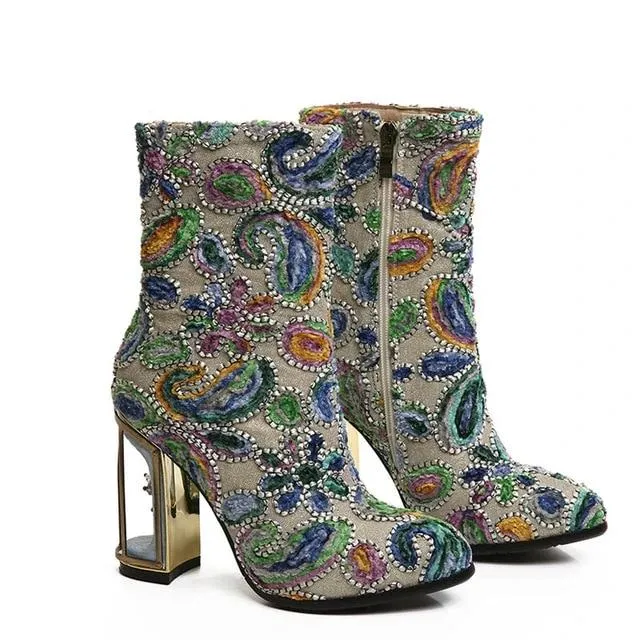 ethnic print flower women's boots mixed color crystal bird cage high heels 10cm high quality female short boots