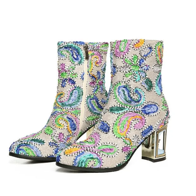 ethnic print flower women's boots mixed color crystal bird cage high heels 10cm high quality female short boots