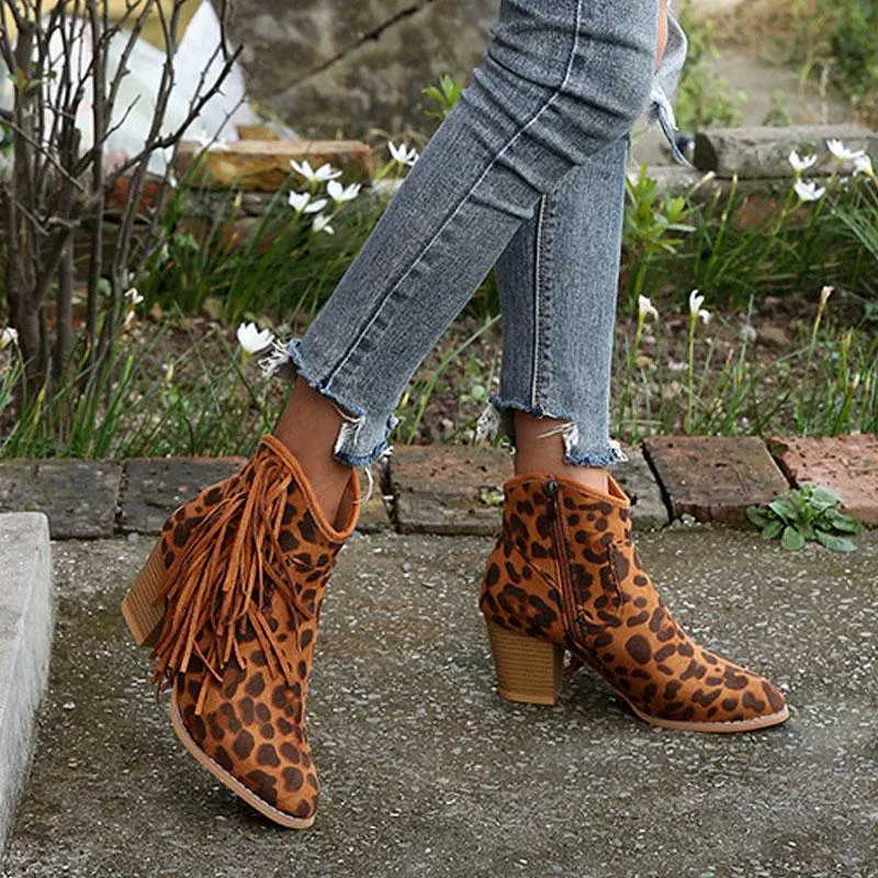 Fashion Leopard Tassel Zipper Ankle Boots