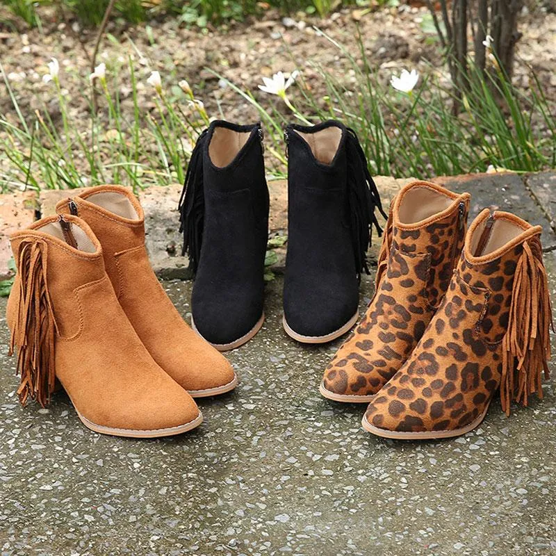 Fashion Leopard Tassel Zipper Ankle Boots