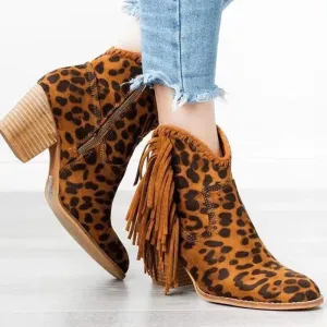 Fashion Leopard Tassel Zipper Ankle Boots