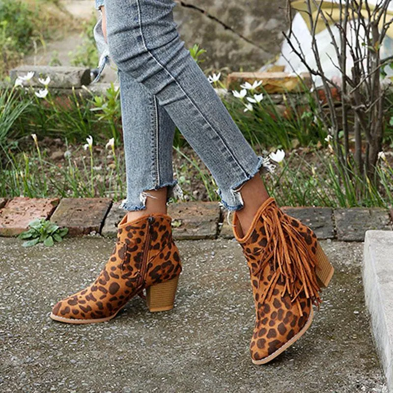 Fashion Leopard Tassel Zipper Ankle Boots