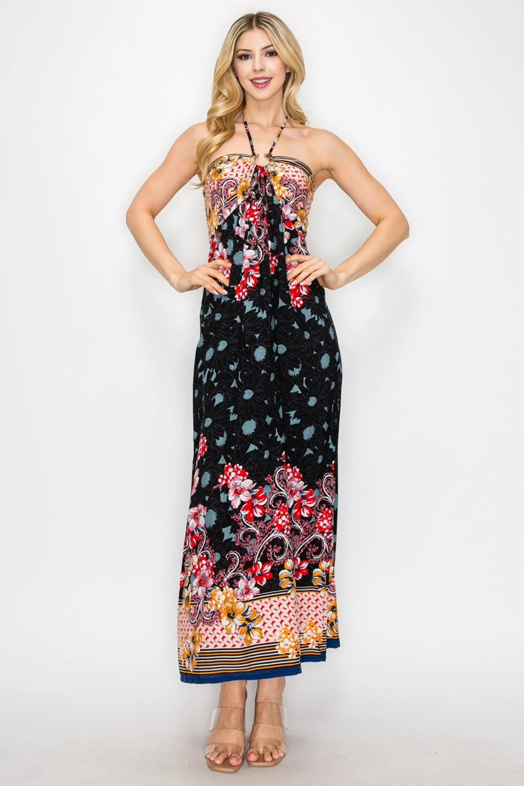 Floral Border Print Halter Neck Long Dress Sleeveless Lightweight Flowy Fit ZD22073C77 $9EACH