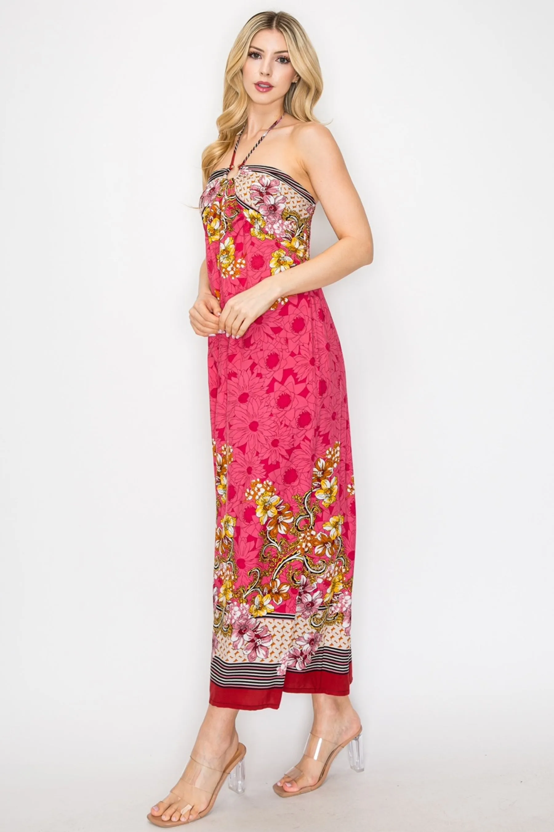 Floral Border Print Halter Neck Long Dress Sleeveless Lightweight Flowy Fit ZD22073C77 $9EACH