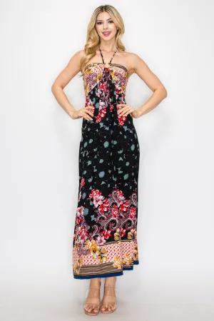 Floral Border Print Halter Neck Long Dress Sleeveless Lightweight Flowy Fit ZD22073C77 $9EACH