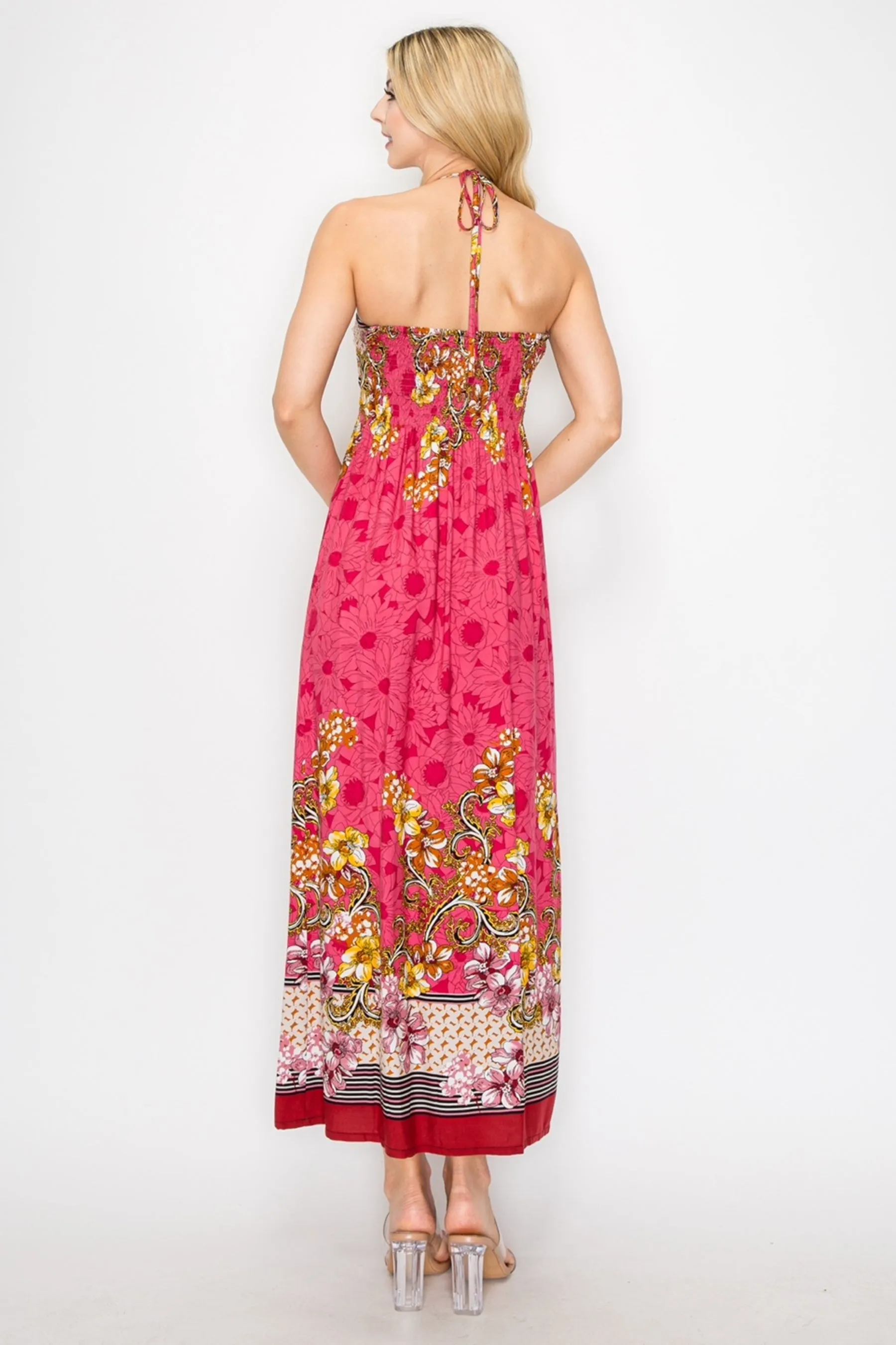 Floral Border Print Halter Neck Long Dress Sleeveless Lightweight Flowy Fit ZD22073C77 $9EACH