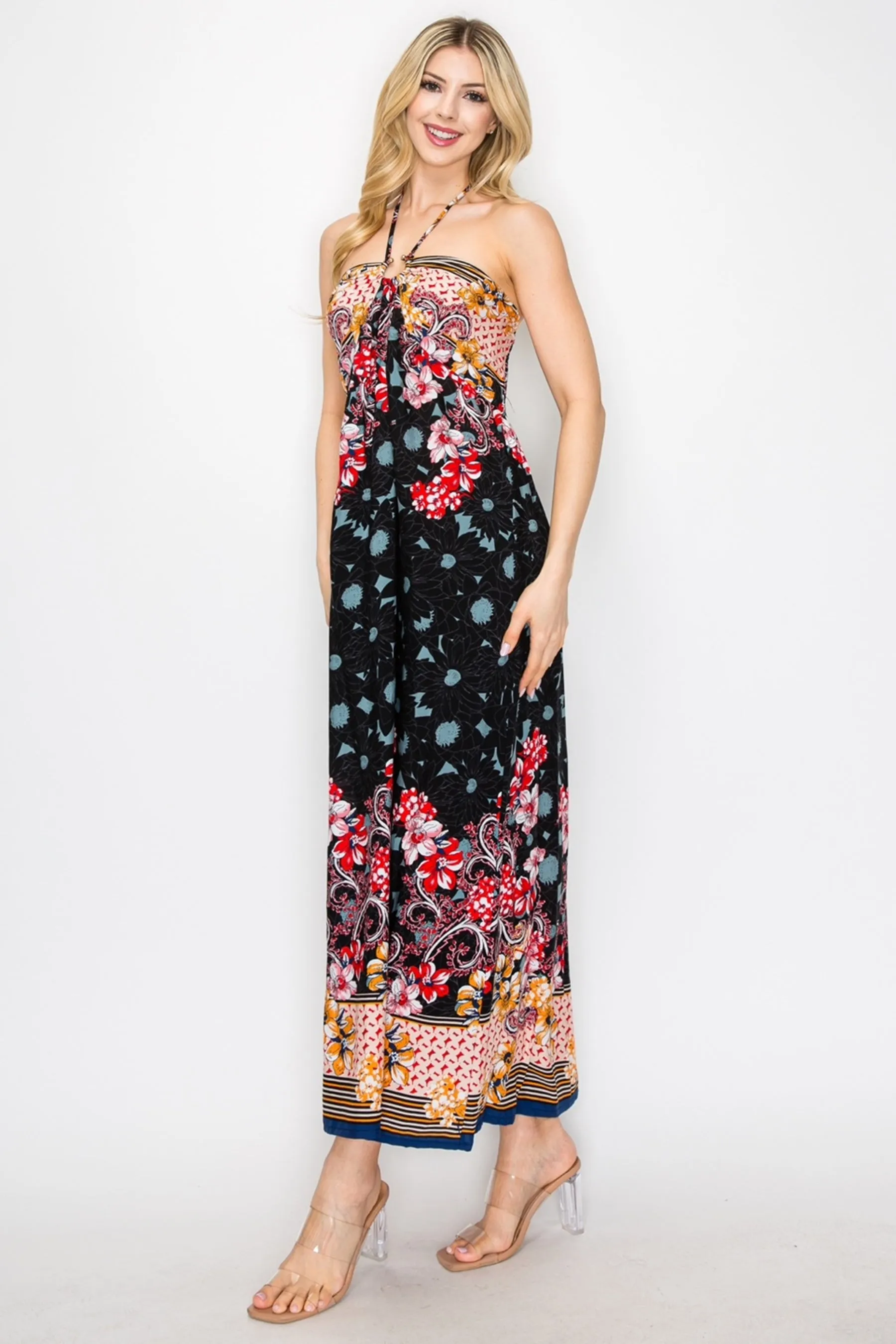 Floral Border Print Halter Neck Long Dress Sleeveless Lightweight Flowy Fit ZD22073C77 $9EACH