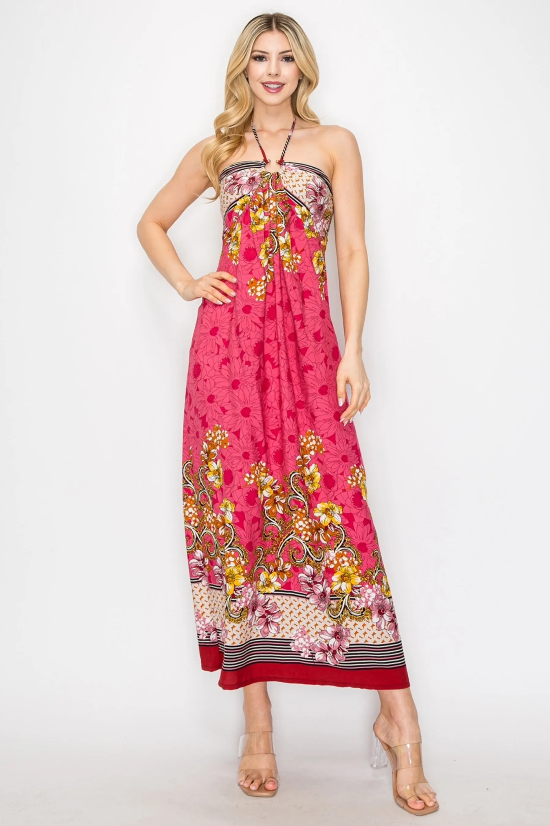Floral Border Print Halter Neck Long Dress Sleeveless Lightweight Flowy Fit ZD22073C77 $9EACH
