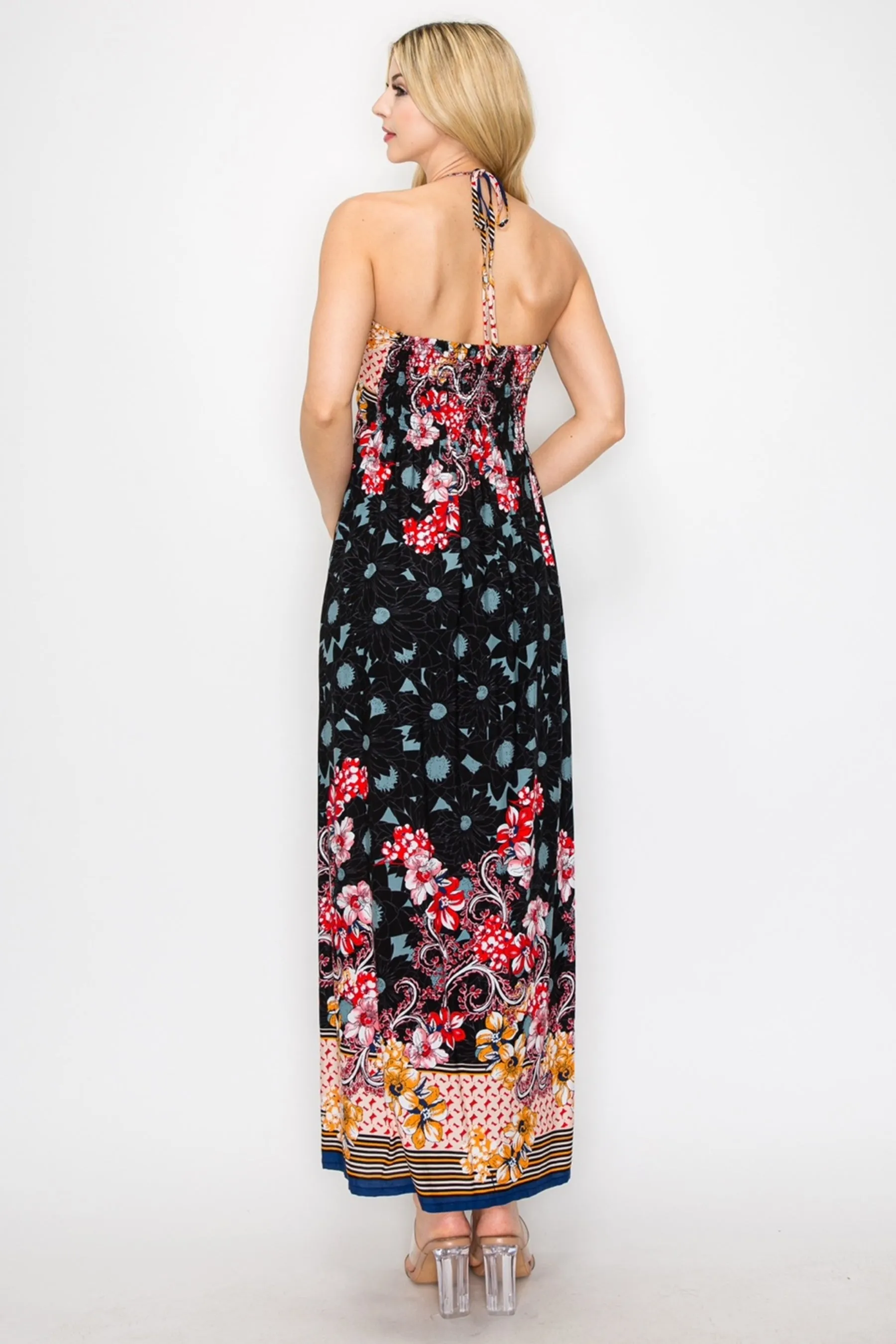 Floral Border Print Halter Neck Long Dress Sleeveless Lightweight Flowy Fit ZD22073C77 $9EACH