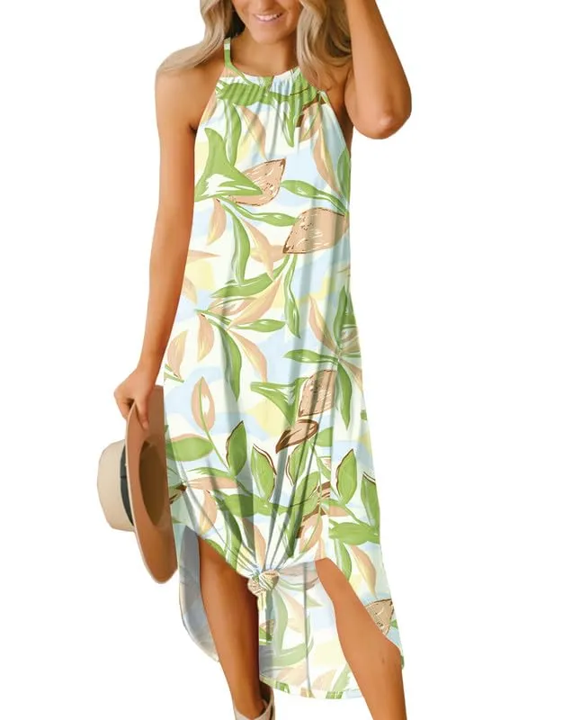For G and PL Women's Summer Casual Halter Side Slit Long Maxi Beach Dress Vacation Resort Sundress