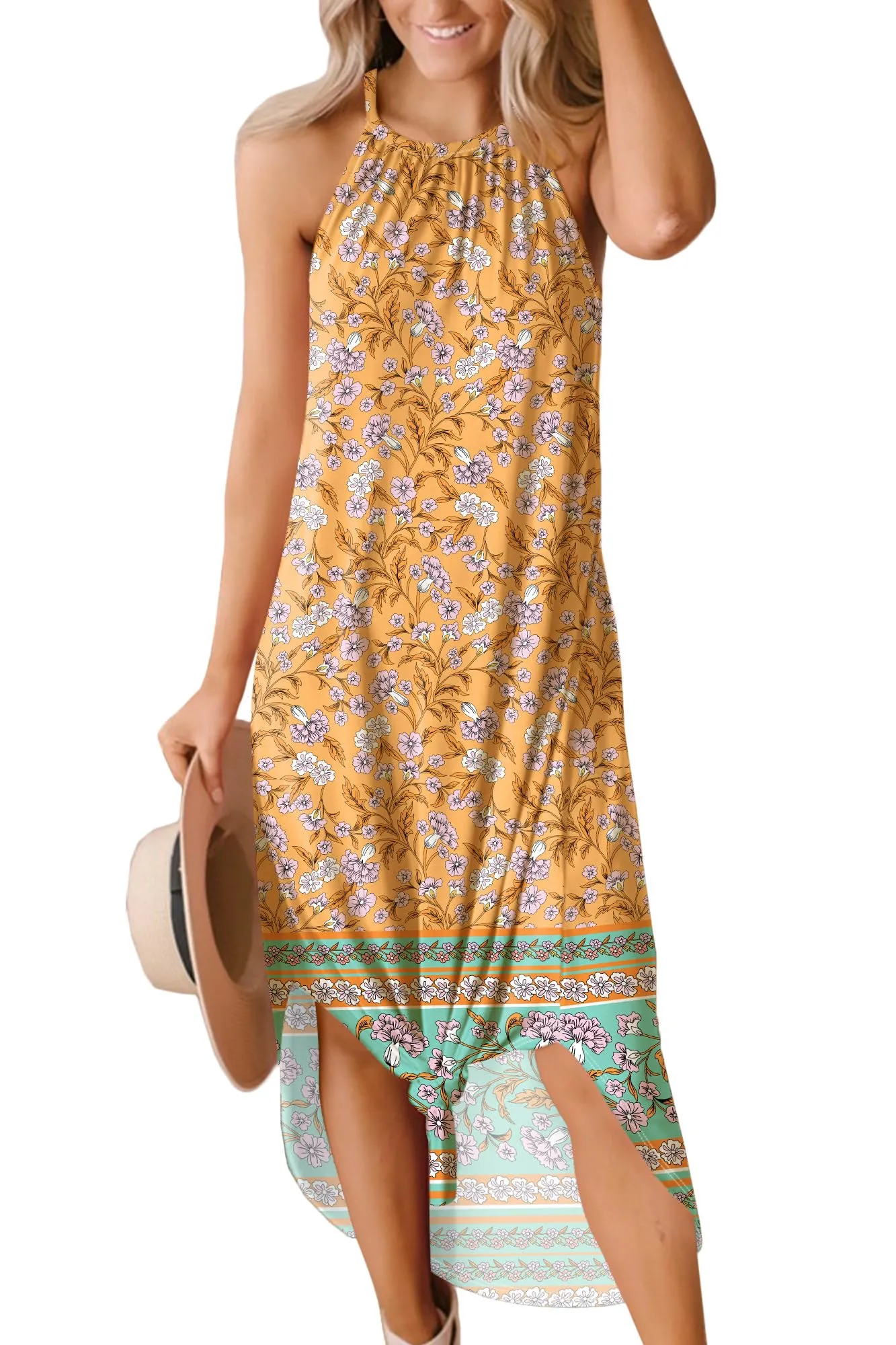 For G and PL Women's Summer Casual Halter Side Slit Long Maxi Beach Dress Vacation Resort Sundress