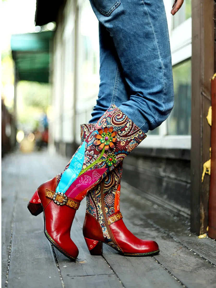 Genuine Leather Swirle Floral Printed Tie-Accent Leather Knee-High Heel Boots