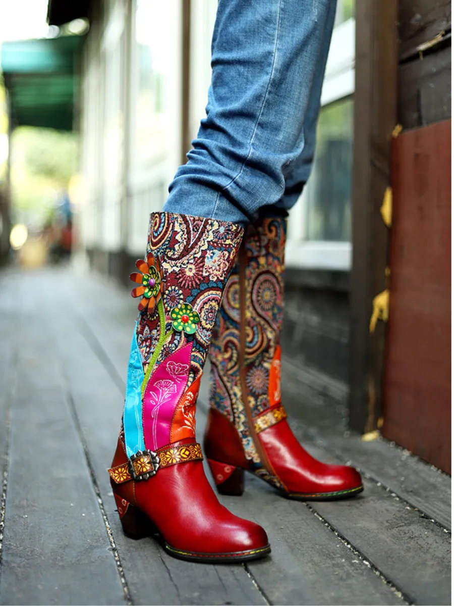 Genuine Leather Swirle Floral Printed Tie-Accent Leather Knee-High Heel Boots