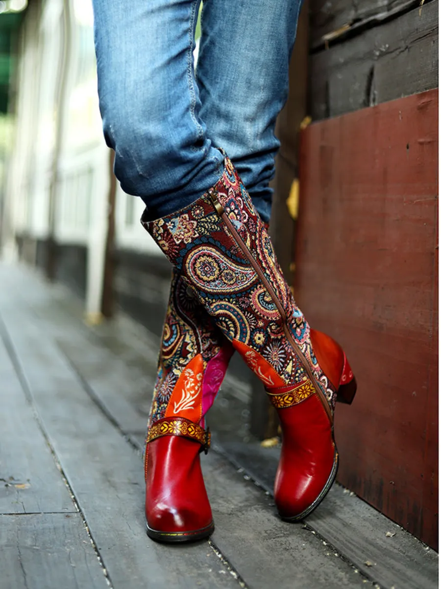 Genuine Leather Swirle Floral Printed Tie-Accent Leather Knee-High Heel Boots