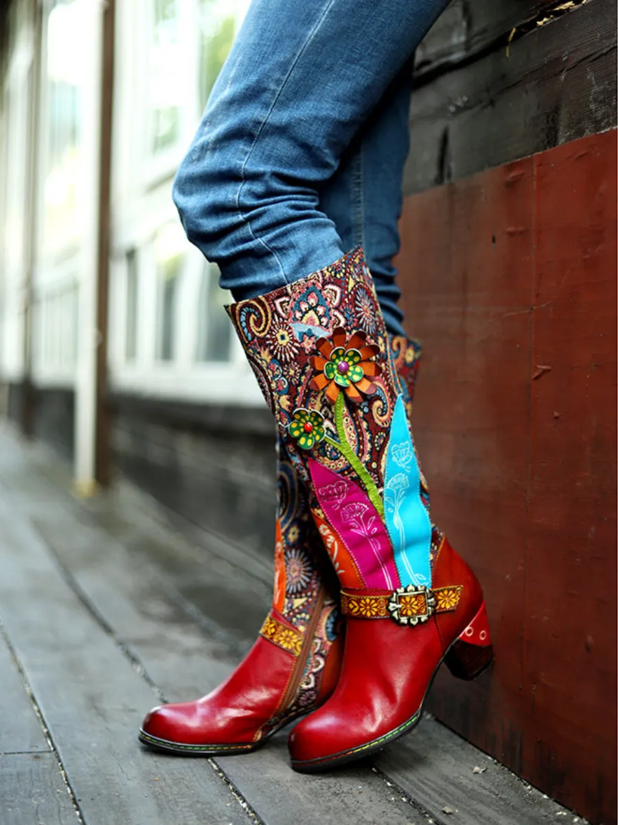Genuine Leather Swirle Floral Printed Tie-Accent Leather Knee-High Heel Boots
