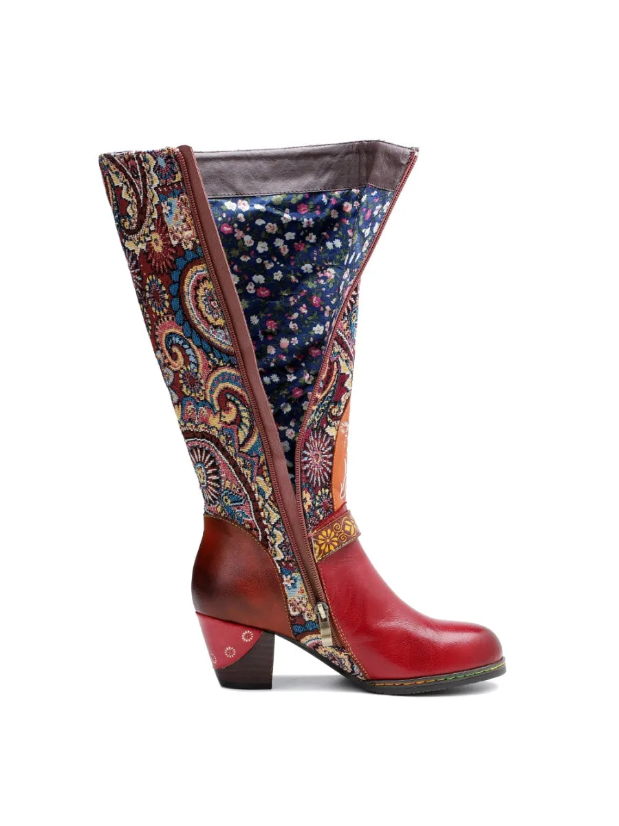 Genuine Leather Swirle Floral Printed Tie-Accent Leather Knee-High Heel Boots