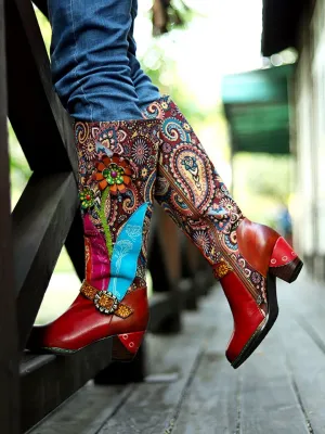 Genuine Leather Swirle Floral Printed Tie-Accent Leather Knee-High Heel Boots
