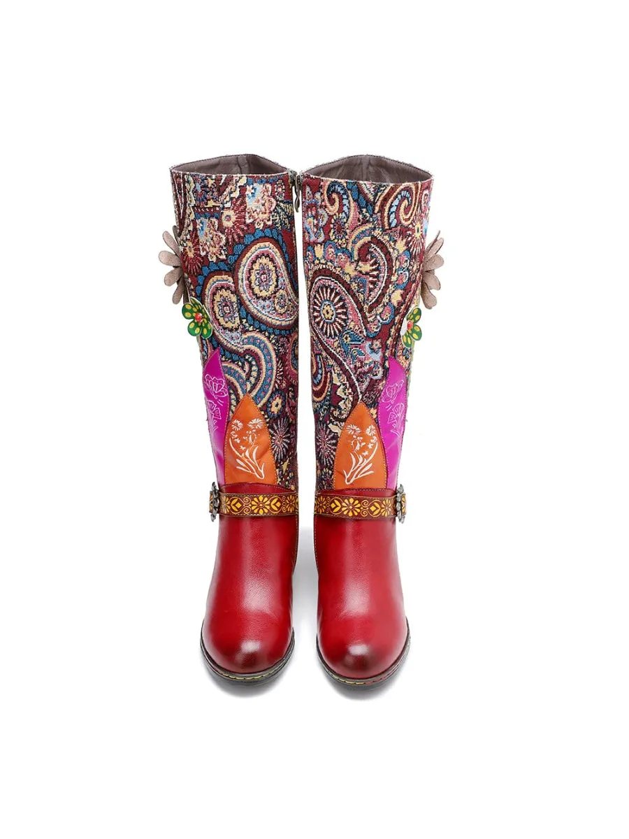 Genuine Leather Swirle Floral Printed Tie-Accent Leather Knee-High Heel Boots