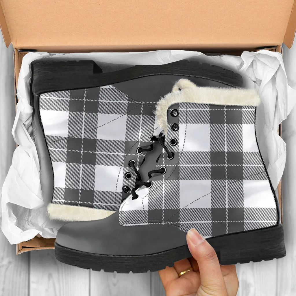 Gray and White Plaid Faux Fur Lined Vegan Leather Boots With Gray Toe