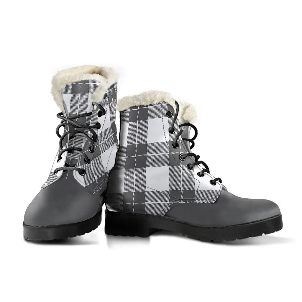 Gray and White Plaid Faux Fur Lined Vegan Leather Boots With Gray Toe