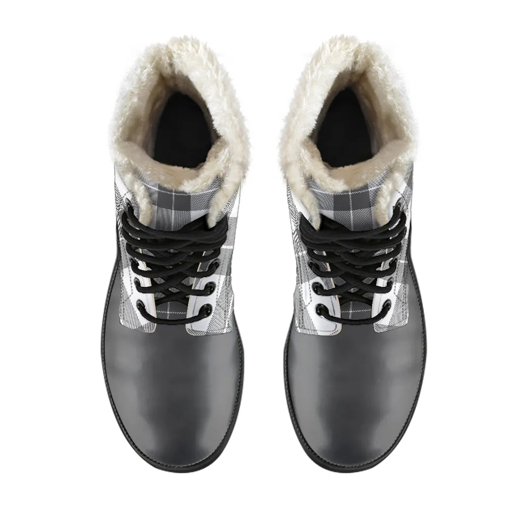 Gray and White Plaid Faux Fur Lined Vegan Leather Boots With Gray Toe