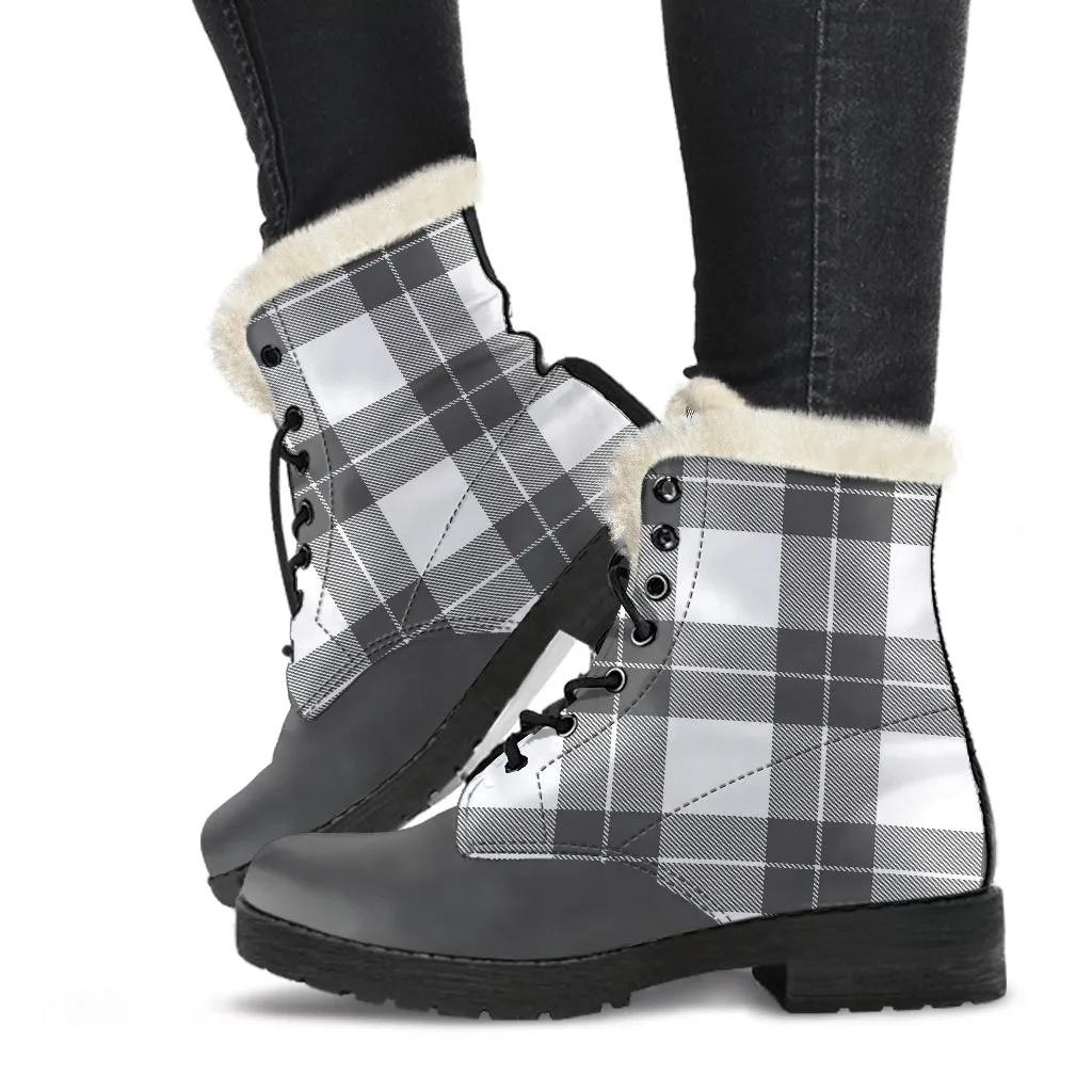 Gray and White Plaid Faux Fur Lined Vegan Leather Boots With Gray Toe